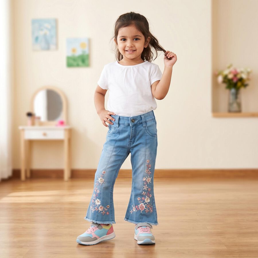 Girls Light Blue Flared Fit Embroidered Jeans, Light Blue, large