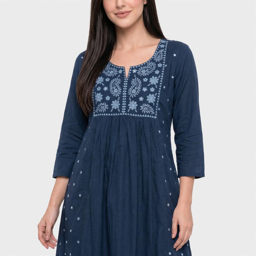 Women's Navy Blue Cotton Notch Neck Embroidered Kurta, Navy Blue, large