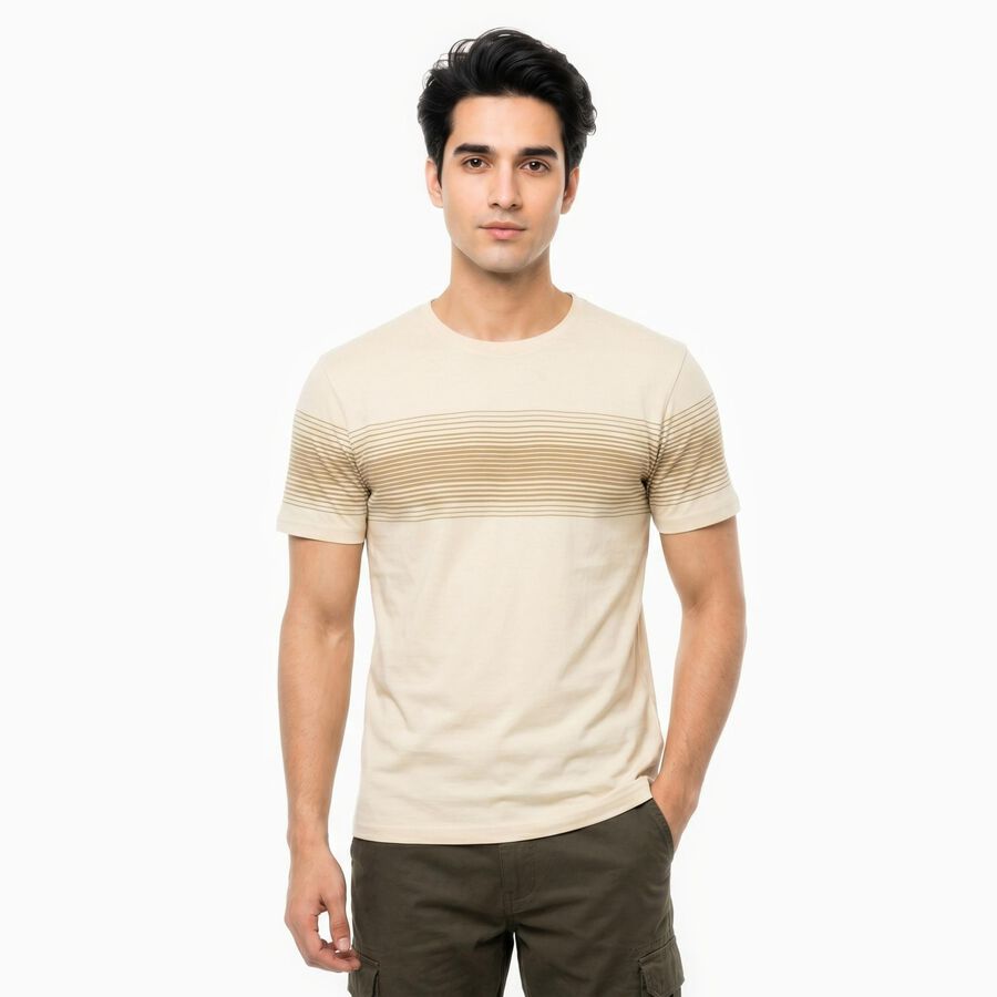 Men's Cream Cotton Round Neck Striped Regular T-Shirt, Off White, large