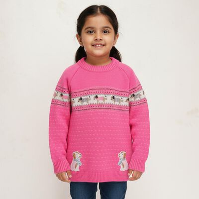 Girls Bright Pink Crew Neck Casual Pullover