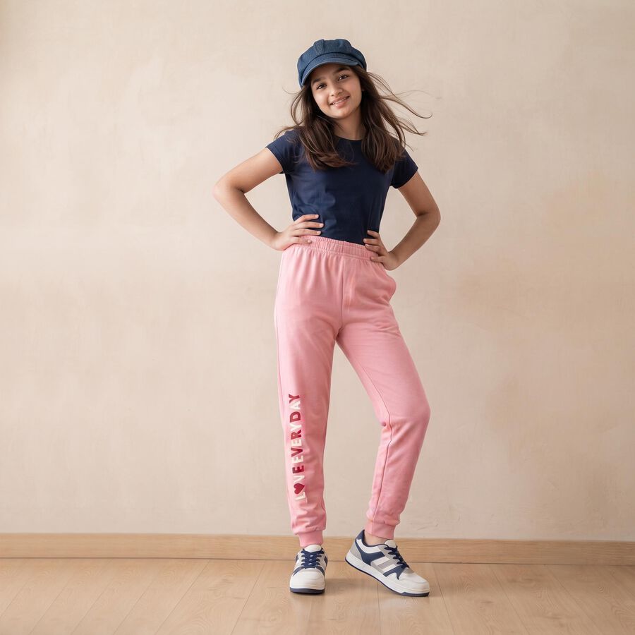 Girls Pink Regular Fit Typography Print Jogger Pyjama, Pink, large