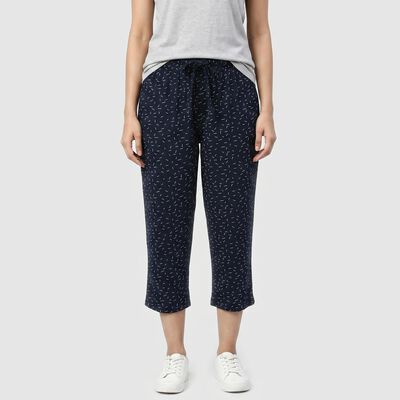 Women's Navy Blue Straight Fit Printed Capri