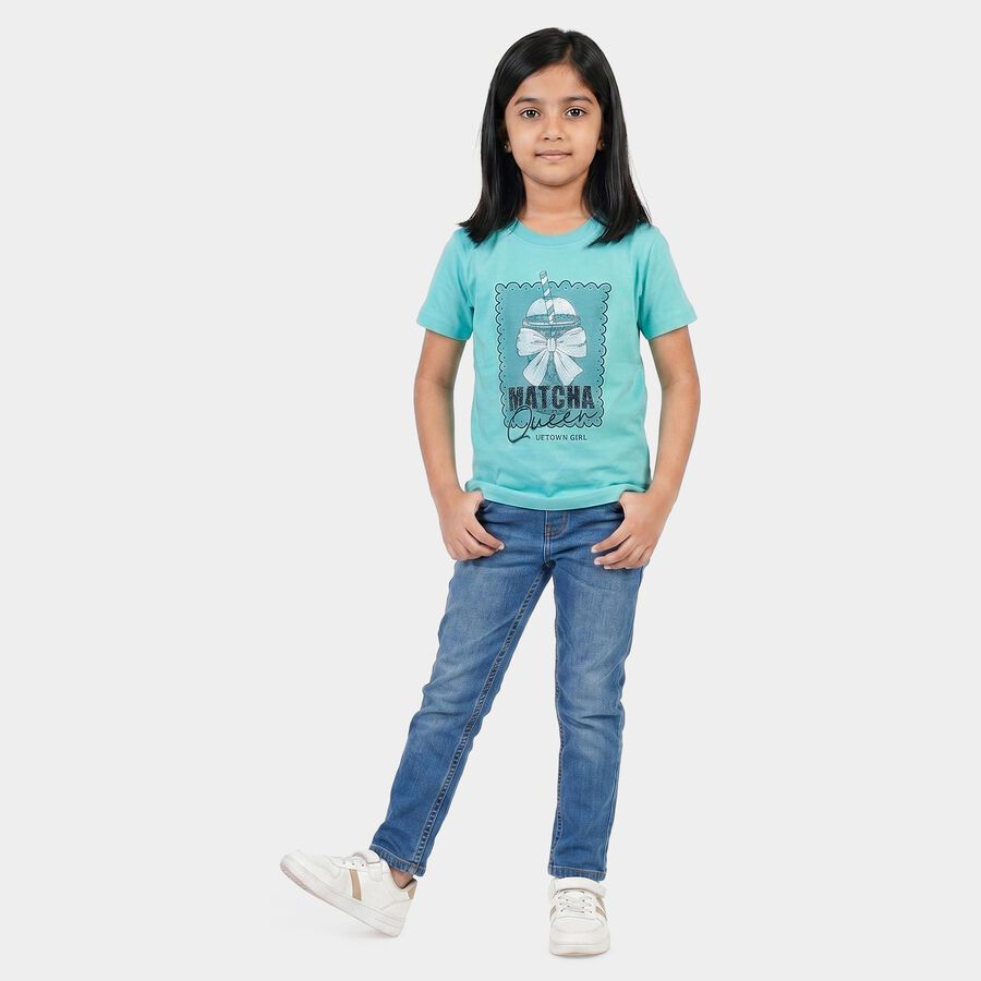 Girls Aqua Round Neck Regular T-Shirt, एक्वा, large