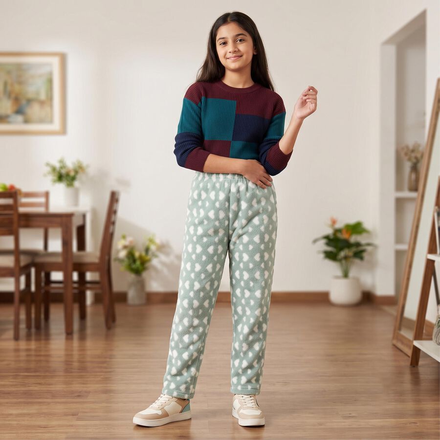 Girls' Mint Green Heart Printed Elastic Waist Pyjama, Light Green, large