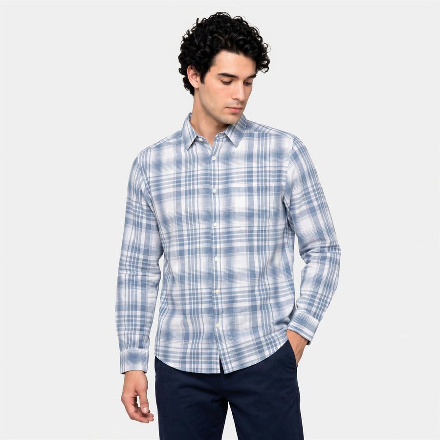 Men's Blue Cotton Long Sleeve Checked Regular Fit Shirt, मध्यम नीला, large
