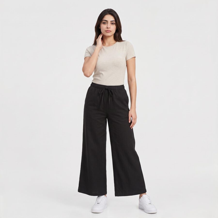 Women's Black Wide Leg Drawstring Track Pants, Black, large