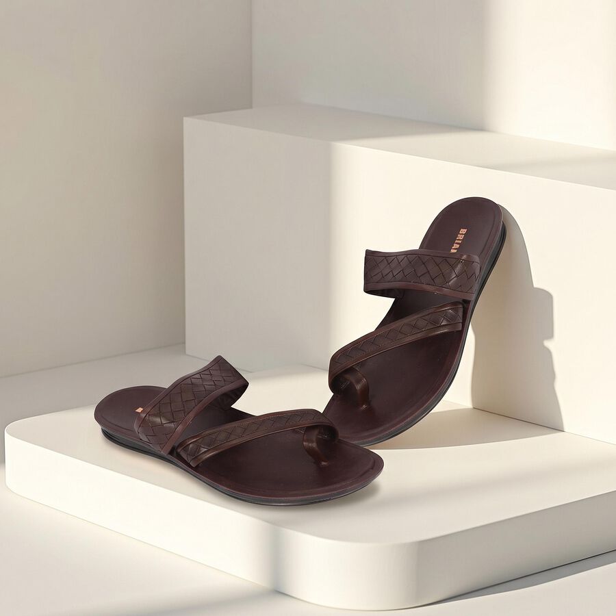 Men's Brown Strappy Slip-On Sandals, Brown, large