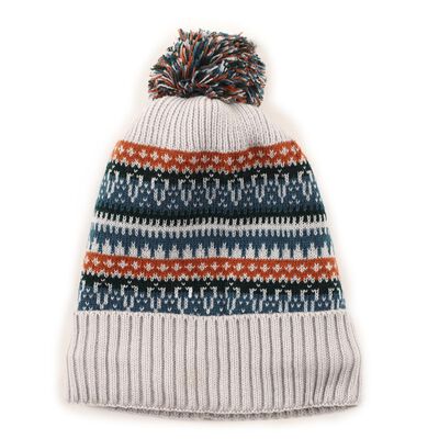 Boys' Light Grey Fair Isle Knitted Beanie with Pom-Pom