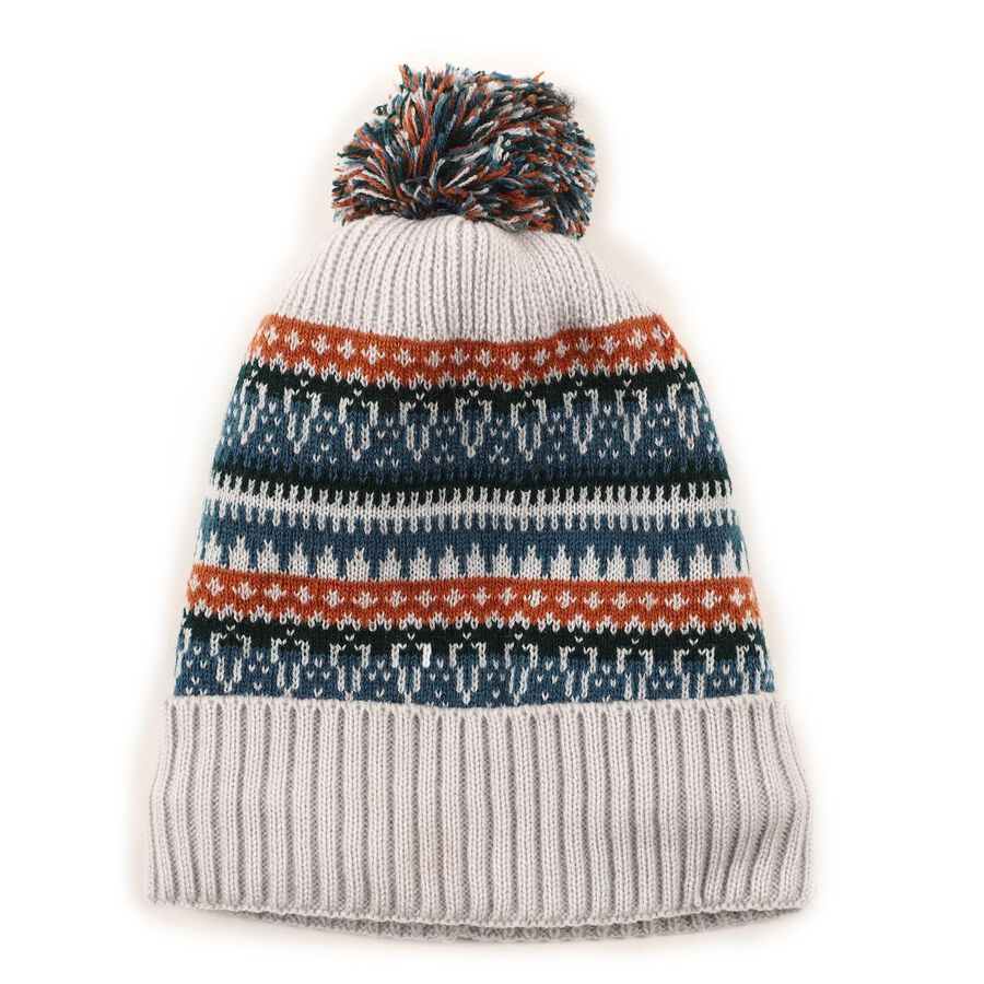 Boys' Light Grey Fair Isle Knitted Beanie with Pom-Pom, Light Grey, large image number null