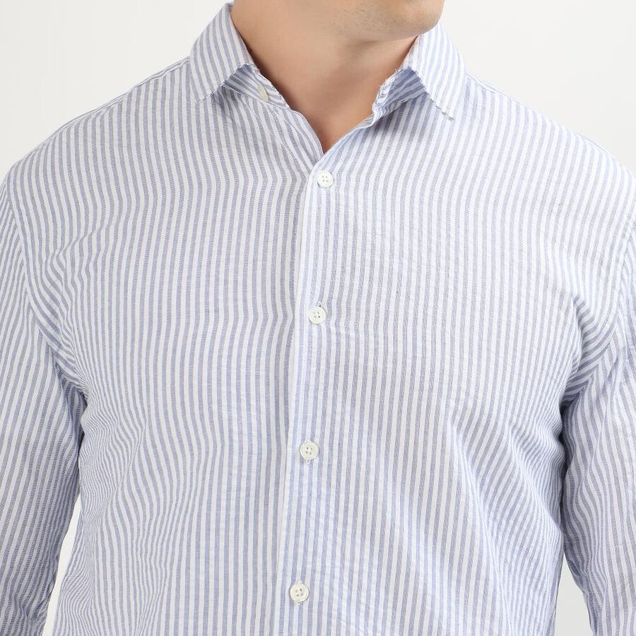 Men's Light Blue and White Cotton Spread Collar Formal Shirt, Dark Blue, large image number null