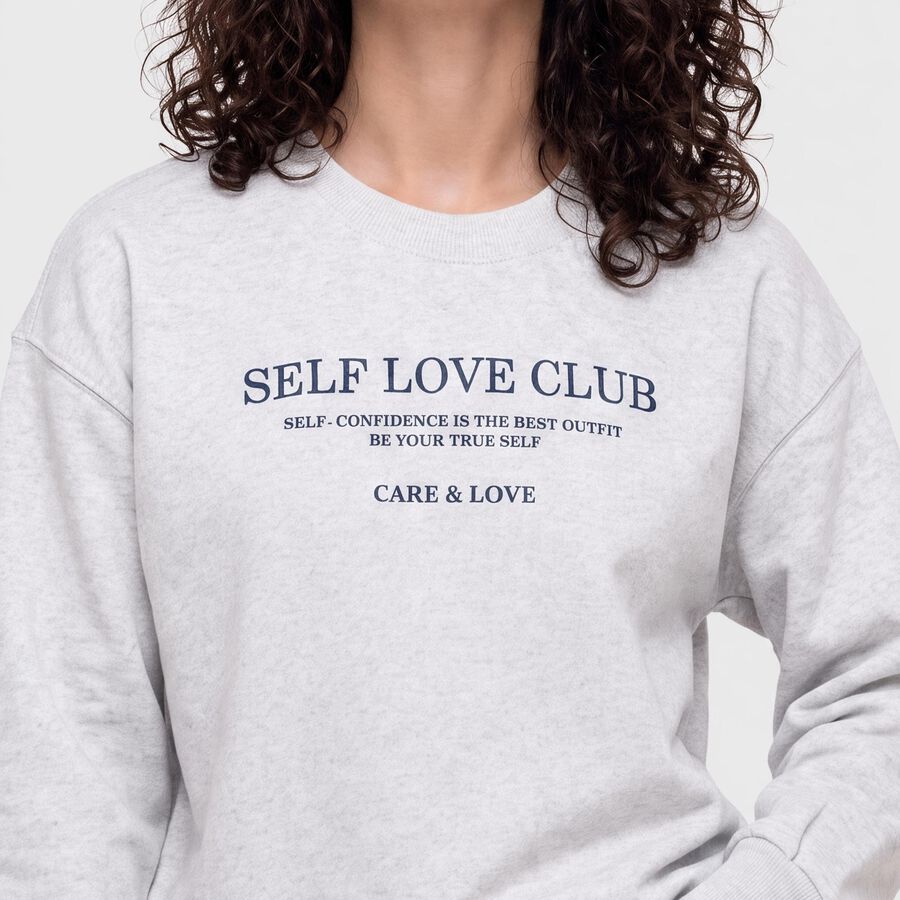 Women's Grey Crew Neck Graphic Print Sweatshirt, मिश्रित हल्का ग्रे, large