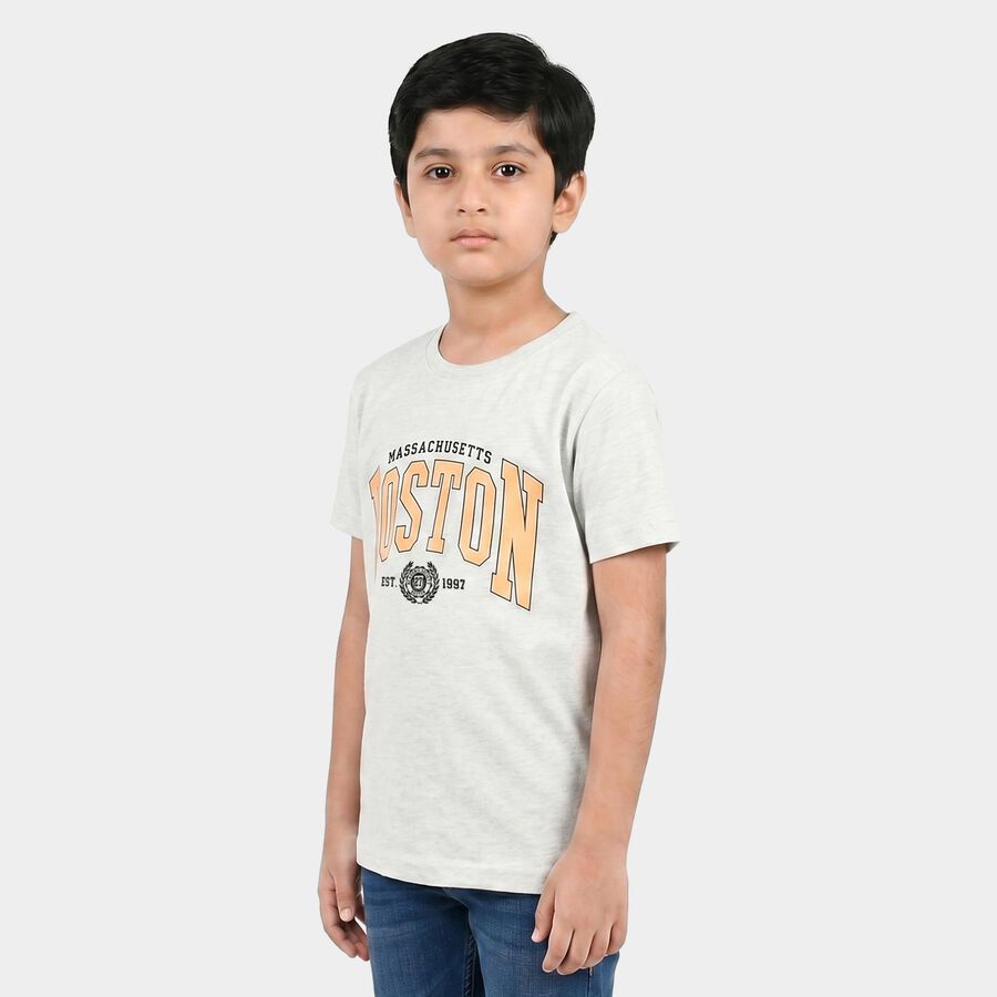 Boys Ecru Melange Crew Neck Regular Boys T-Shirt, Ecru Melange, large