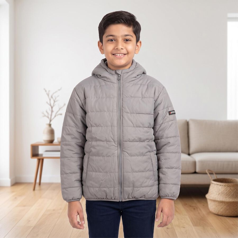 Boys Grey Hooded Puffer Jacket, Light Grey, large