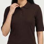 Women's Brown Cotton Blend Polo Neck Preppy Polo T-Shirt, Brown, small