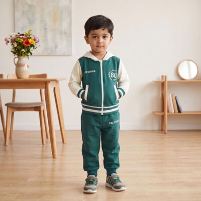 Boys' Teal Blue Hooded Neck Graphic Baba Suit