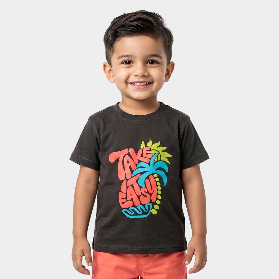 Boys Black Cotton Round Neck Regular Boys T-Shirt, Charcoal, large