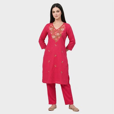 Women's Fuchsia 100% Cotton Embroidered Ethnic Set