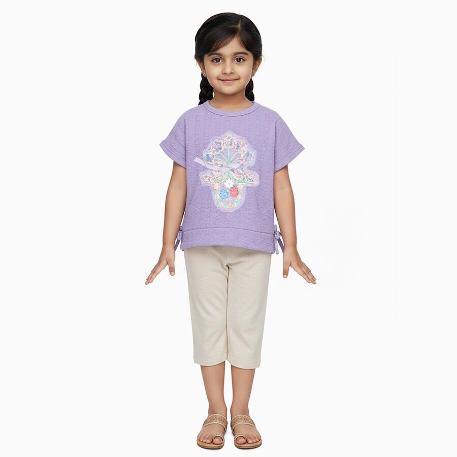 Girls' Lavender Round Neck Casual T-Shirt, Lilac, large image number null