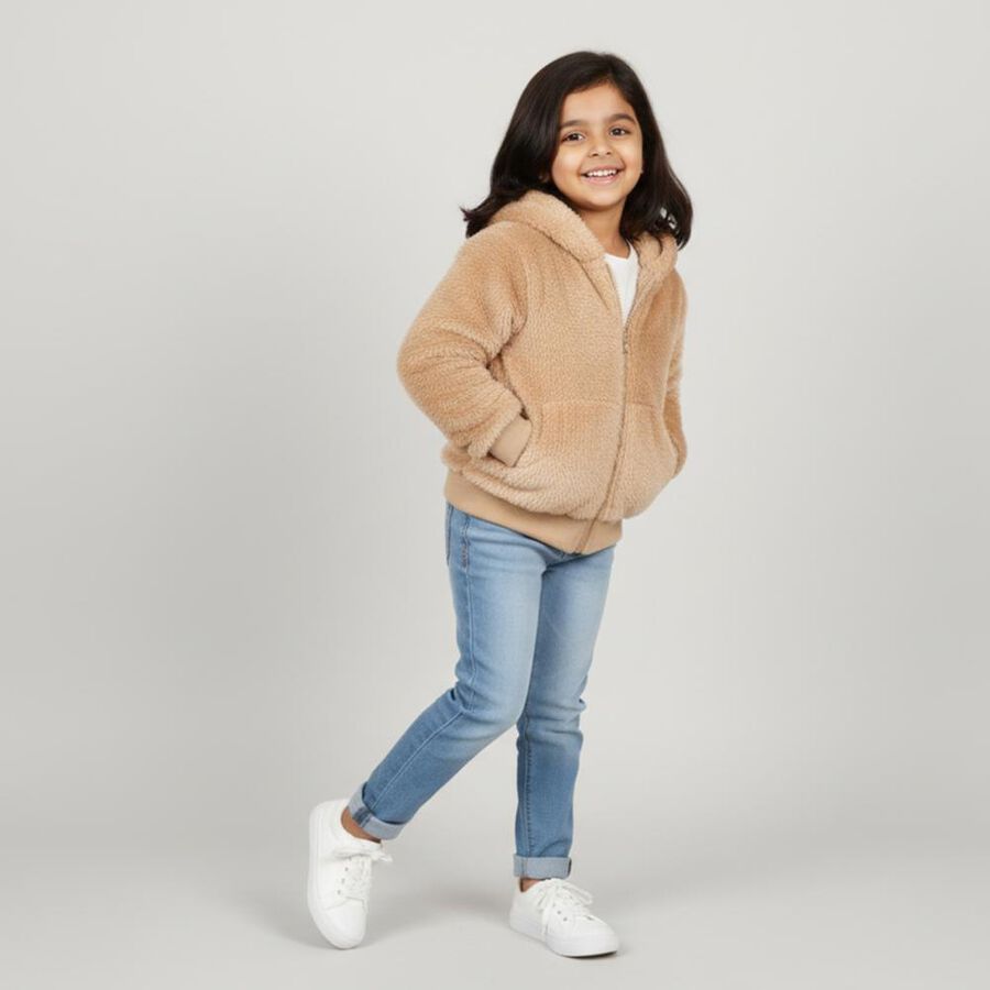 Girls Light Beige Hooded Casual Jacket, गहरा पीला, large image number null