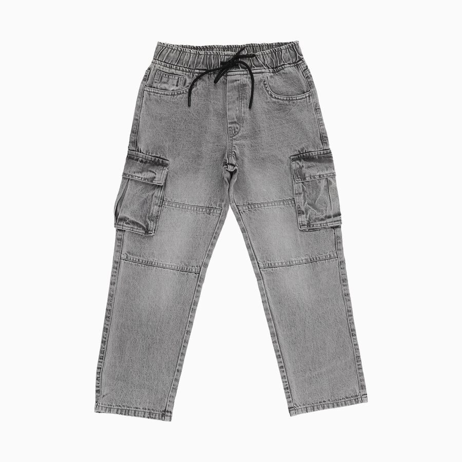 Boys' Muted Grey Relaxed Fit Cargo Jeans, Light Grey, large image number null