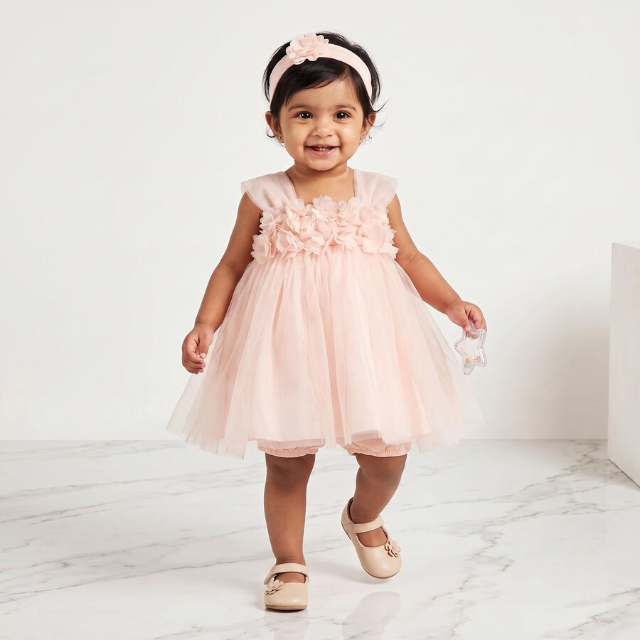 Infants' Peach Fit and Flare Floral Applique Party Wear Frock, पीच, large