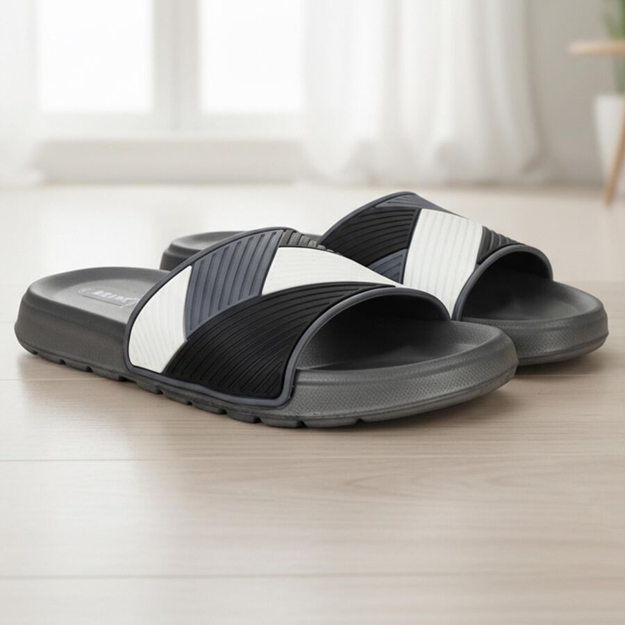 Men's Black Slip-On Sliders, काला, large