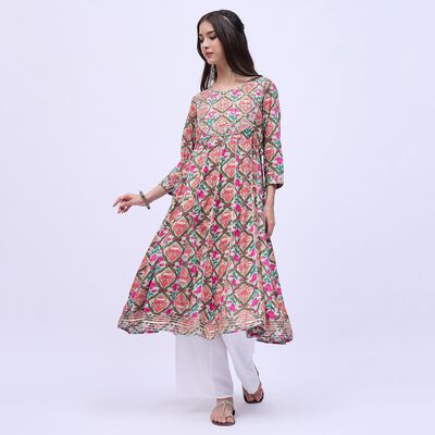 Women's Beige Round Neck Floral Embroidered Kurta