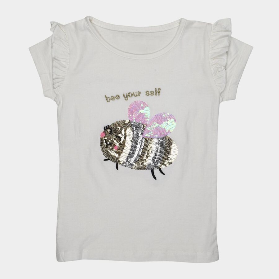 Girls' White Cotton Round Neck Casual T-Shirt, सफ़ेद, large