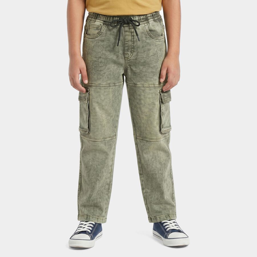 Boys Olive Green Cargo Fit Washed Jeans, ओलिव, large