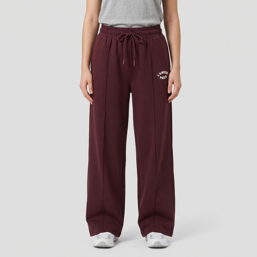 Women's Wine Relaxed Fit Pintuck Wide Leg Track Pants, वाइन, large
