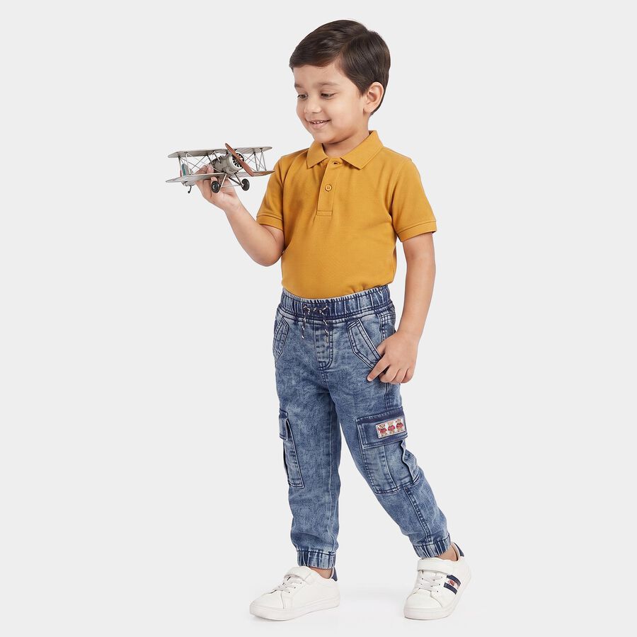Boys Blue Jogger Fit Washed Cargo Jeans, Mid Blue, large