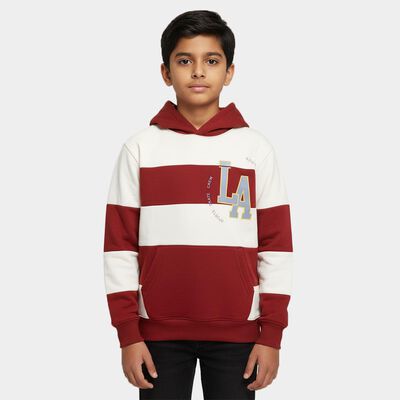 Boys Rich Maroon and White Hooded Neck Striped Sweatshirt