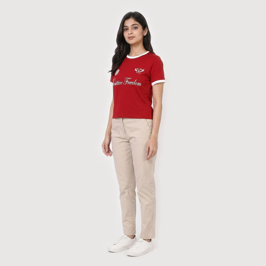 Women's Red Cotton Blend Round Neck Regular T-Shirt, Red, large