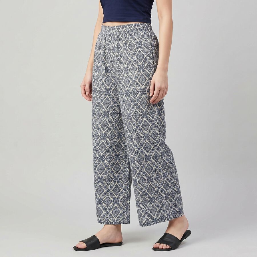 Women's Blue Geometric Printed Palazzos, मध्यम नीला, large