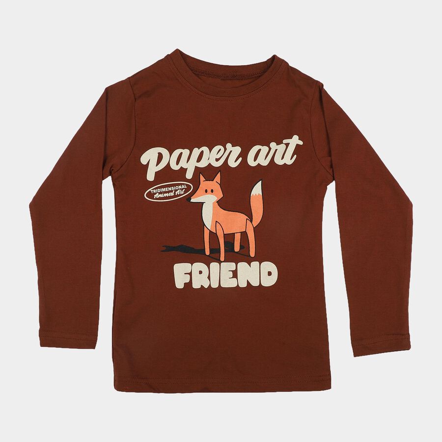 Boys Brown Cotton Blend Crew Neck Regular T-Shirt, Brown, large