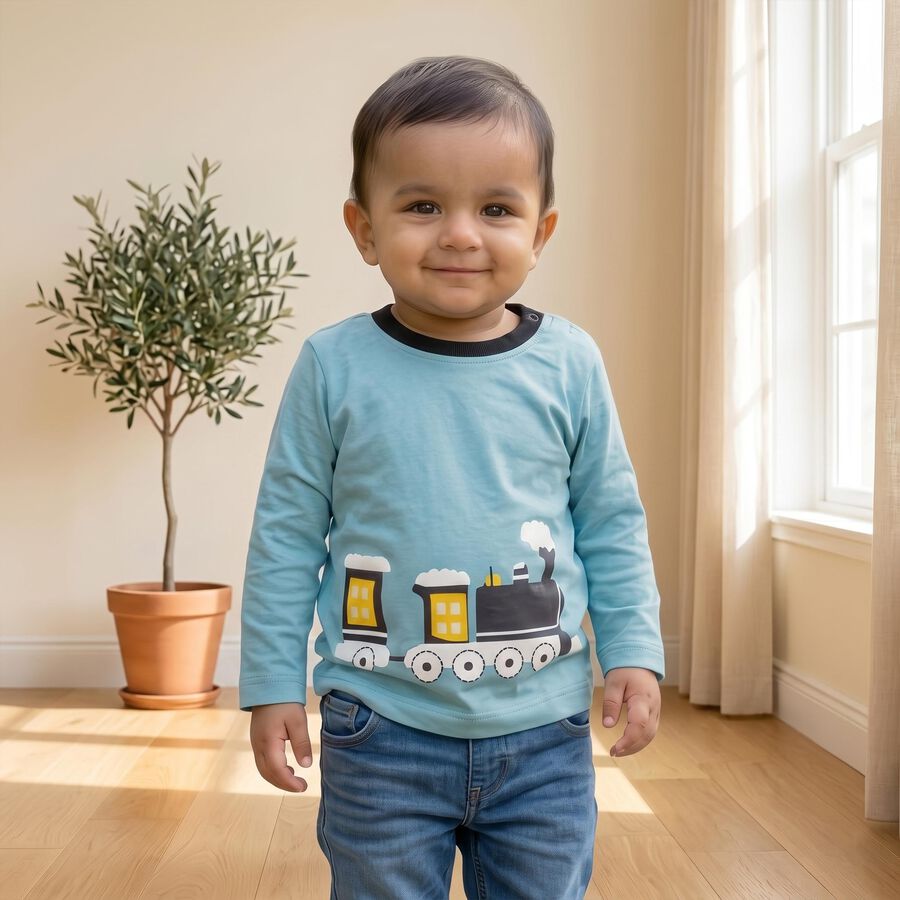 Infants Blue Cotton Round Neck Regular T-Shirt, Teal Blue, large