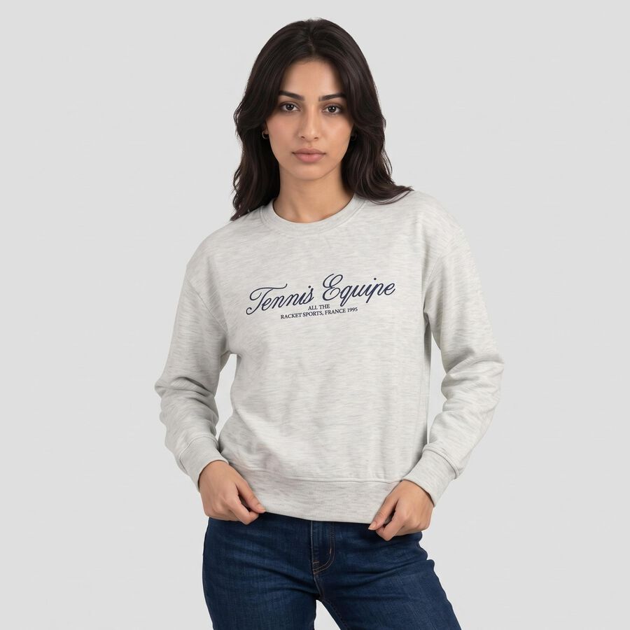 Women Grey Crew Neck Pullover Sweatshirt, Melange Light Grey, large