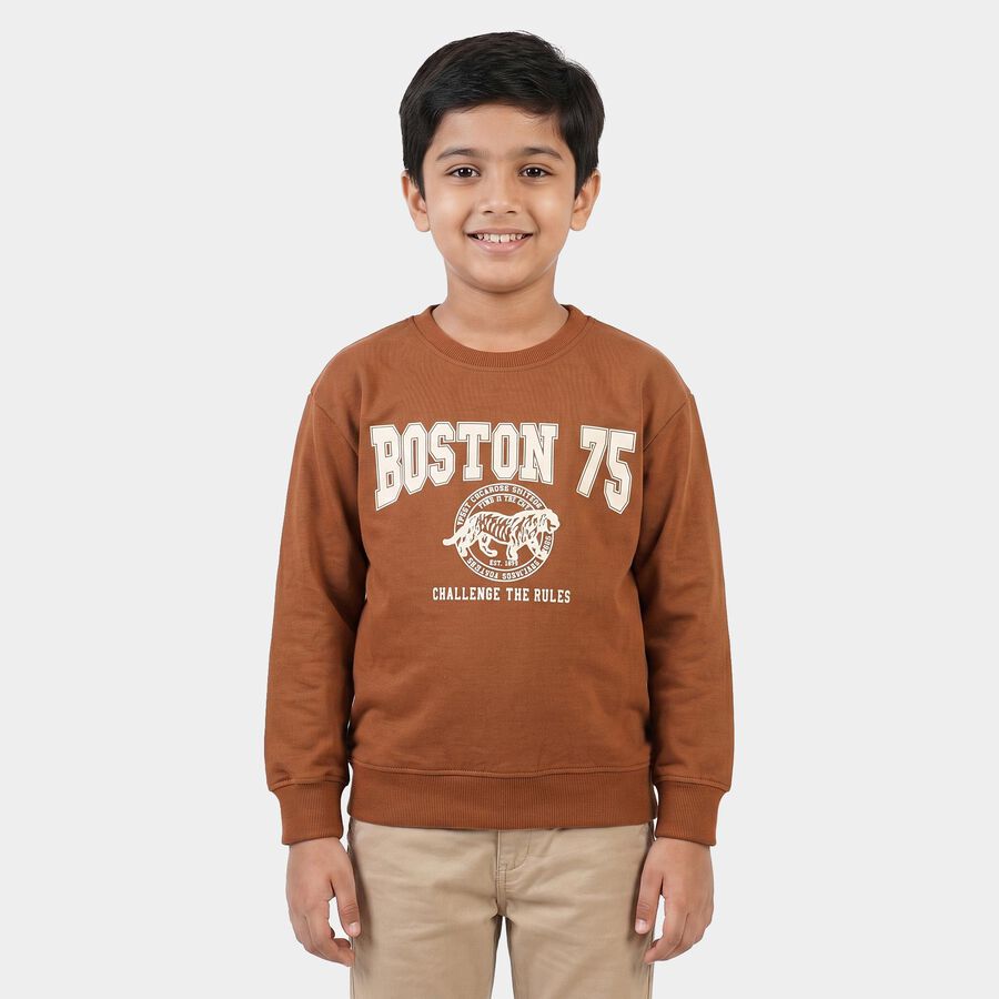 Boys Brown Crew Neck Pullover Sweatshirt, भूरा, large