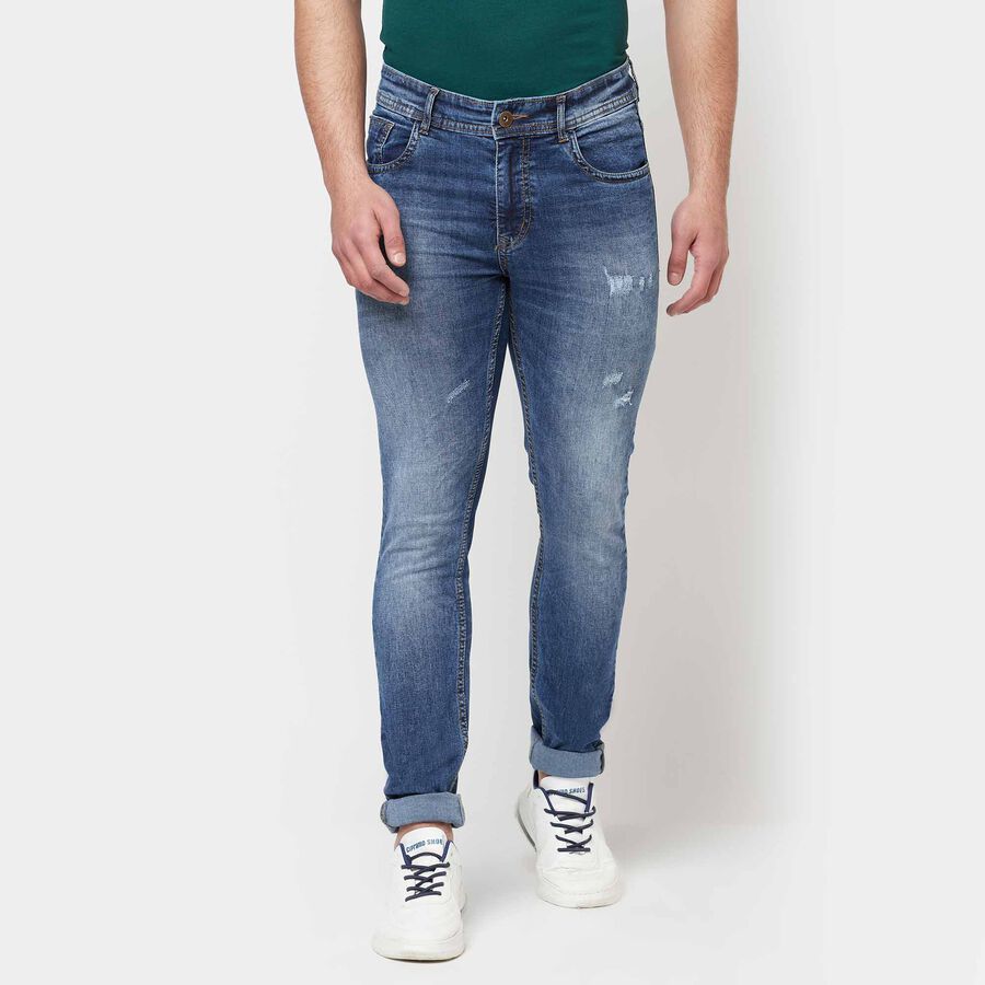 Distress 5 Pocket Skinny Jeans, Mid Blue, large image number null