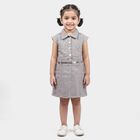 Girls' Grey Shirt Style Belted Frock, हल्का ग्रे, small