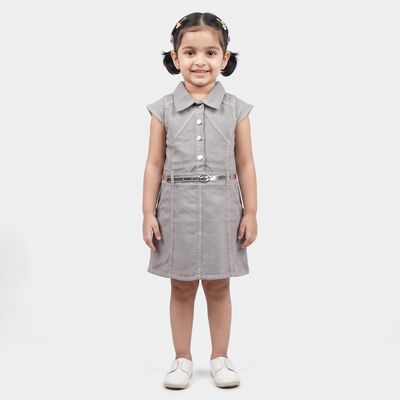 Girls' Grey Shirt Style Belted Frock