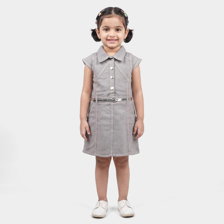 Girls' Grey Shirt Style Belted Frock, हल्का ग्रे, large