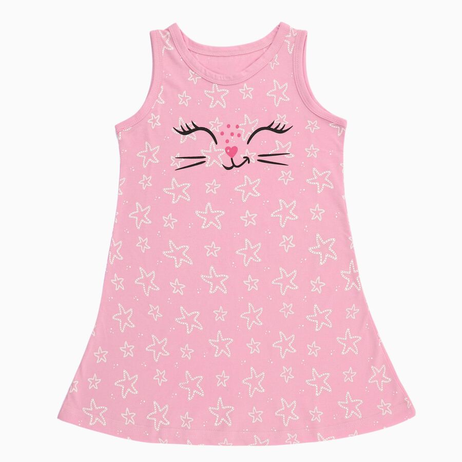 Girls' Pink Star Printed Sleeveless A-Line Frock, लाइलेक, large image number null