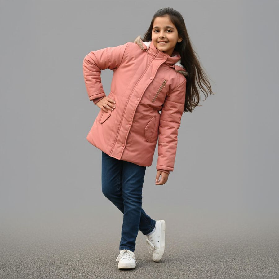 Girls' Muted Dusty Pink High Neck Casual Jacket, Pink, large image number null