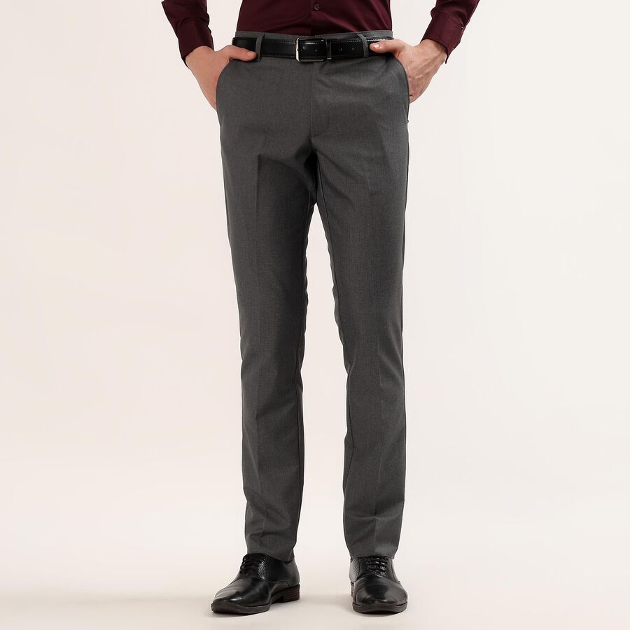 Men's Grey Slim Fit Flat-Front Formal Trousers, हल्का ग्रे, large