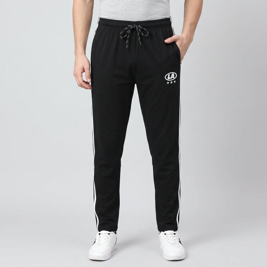 Men's Black Regular Fit Side-Striped Track Pants, Black, large