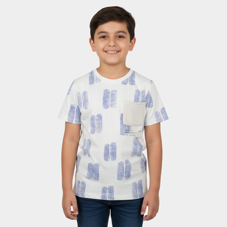 Boys Navy Blue Cotton Round Neck Casual T-Shirt, Mid Blue, large