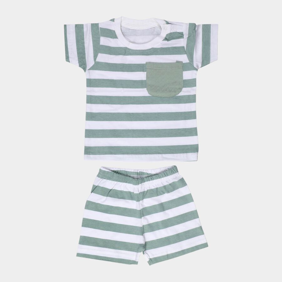 Infants' Mint Green Cotton Round Neck Striped Baba Suit, हल्का हरा, large