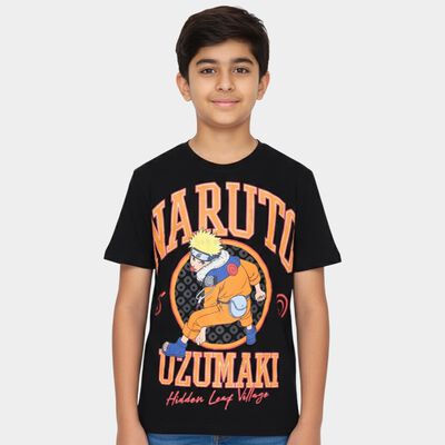 Boys' Black Cotton Round Neck Graphic Printed T-Shirt
