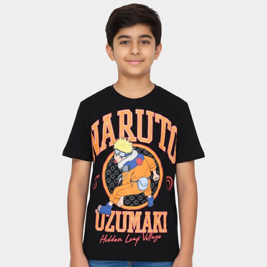 Boys' Black Cotton Round Neck Graphic Printed T-Shirt, Black, large